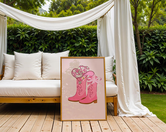 Pink Cowgirl Boots Art Print | Barbiecore Western Poster wall art print, modern home decor, unframed artwork by Nomad & Nest