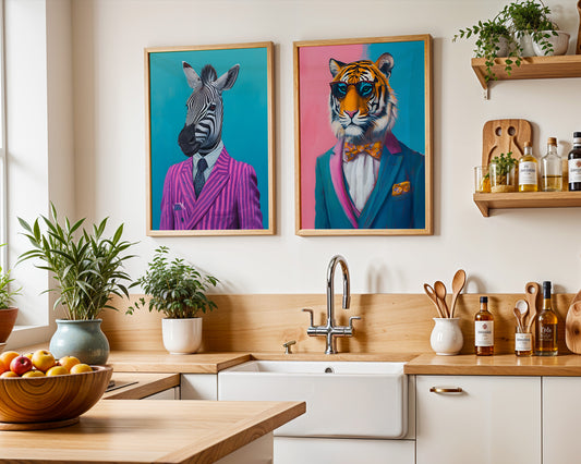 Colourful Prints | Zebra and Tiger Dressed in Suits | Animal Portrait (Set of 2) wall art print, modern home decor, unframed artwork by Nomad & Nest