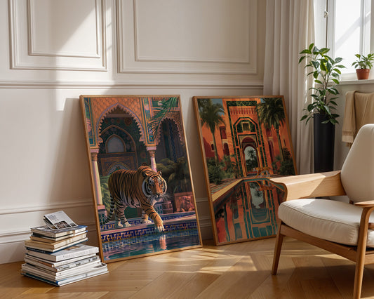 Colourful Prints | Moroccan Tiger Pool Art Prints | Exotic Jungle Wall Decor (Set of 2) wall art print, modern home decor, unframed artwork by Nomad & Nest