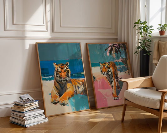 Colourful Prints | Tiger Beach Art Print Set| Modern Tropical Wall Decor (Set of 2) wall art print, modern home decor, unframed artwork by Nomad & Nest