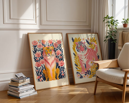 Colourful Prints | Jungle Tiger Print | Tropical Wall Art Duo (Set of 2) wall art print, modern home decor, unframed artwork by Nomad & Nest