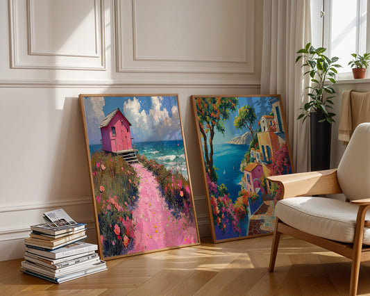 Colourful Prints | Coastal Art Print Set |Pink Beach House & Mediterranean Village (Set of 2) wall art print, modern home decor, unframed artwork by Nomad & Nest