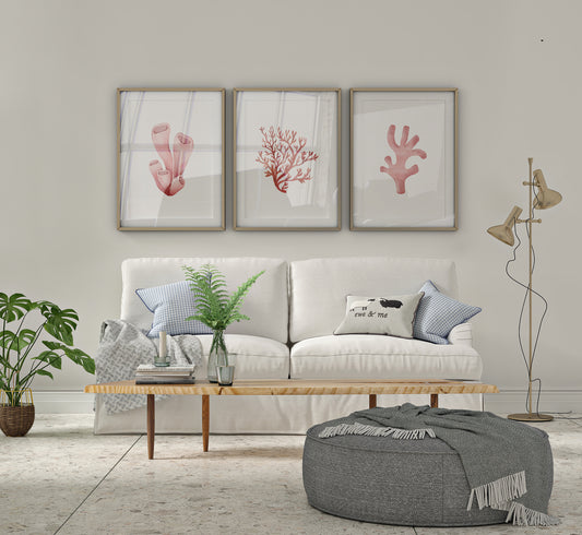 Colourful Prints | Pink Coral Watercolour Art Prints | Beach Coastal Decor (Set of 3) wall art print, modern home decor, unframed artwork by Nomad & Nest