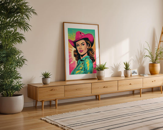 Modern Pop Art | Retro Cowgirl Print | Vibrant Western Woman Portrait wall art print, modern home decor, unframed artwork by Nomad & Nest