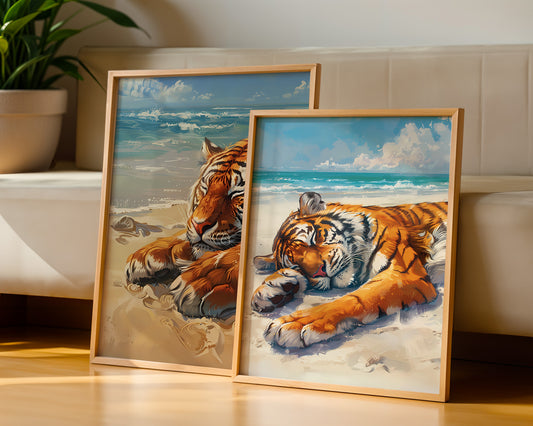 Colourful Prints | Beach Tiger Print Set | Coastal Animal Wall Art (Set of 2) wall art print, modern home decor, unframed artwork by Nomad & Nest