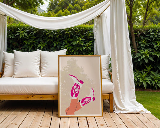 Pink Cowboy Boots Art Print | Retro Cowgirl Home Decor wall art print, modern home decor, unframed artwork by Nomad & Nest