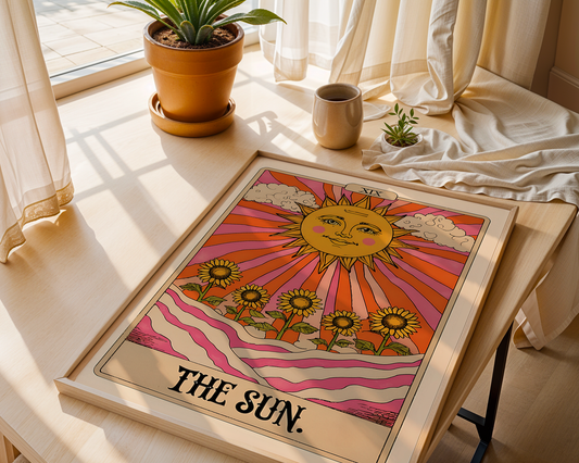 Positive Emotion | The Sun Tarot Card Wall Art | Mystical Boho Tarot Print | Celestial Spiritual Decor | Vintage Tarot Poster wall art print, modern home decor, unframed artwork by Nomad & Nest