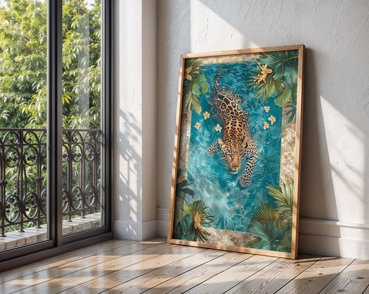 Colourful Prints | Leopard Swimming Pool Art Print | Tropical Jungle Decor wall art print, modern home decor, unframed artwork by Nomad & Nest