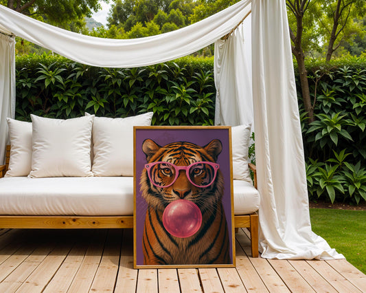 Colourful Prints | Bubblegum Tiger Print | Funky Animal Art with Pink Glasses wall art print, modern home decor, unframed artwork by Nomad & Nest