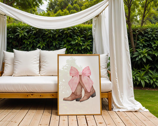 Watercolor Cowboy Boots Print | Pink Bow, Girly Western Decor wall art print, modern home decor, unframed artwork by Nomad & Nest