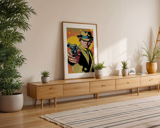 Modern Pop Art | Retro Gangster Print | Noir Detective with Gun | Vintage Style wall art print, modern home decor, unframed artwork by Nomad & Nest