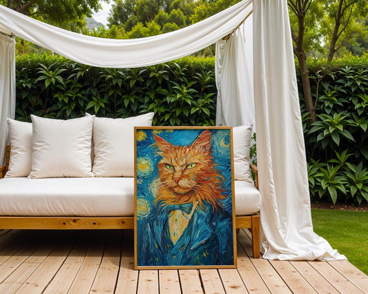 Van Gogh Starry Night Cat Art Print | Pet Portrait Gift wall art print, modern home decor, unframed artwork by Nomad & Nest