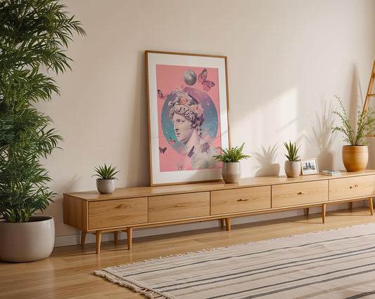Modern Pop Art | Pink Greek Statue Print | Surreal Butterfly Collage Poster wall art print, modern home decor, unframed artwork by Nomad & Nest