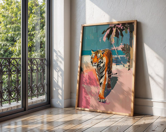 Colourful Prints | Abstract Tiger Beach Art Print | Modern Safari Wall Decor wall art print, modern home decor, unframed artwork by Nomad & Nest