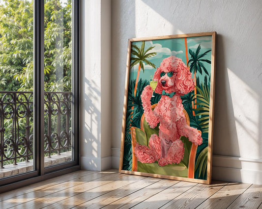 Colourful Prints | Pink Poodle Cocktail Art Print | Retro Tropical Dog Poster wall art print, modern home decor, unframed artwork by Nomad & Nest