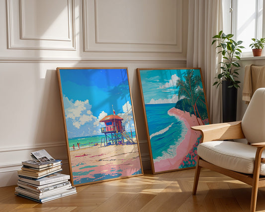 Colourful Prints | Beach Prints Set | Palm Tree & Lifeguard Tower Coastal Art (Set of 2) wall art print, modern home decor, unframed artwork by Nomad & Nest