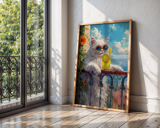 Colourful Prints | Funny Cat Print | Summer Balcony, Lemonade, Sunglasses wall art print, modern home decor, unframed artwork by Nomad & Nest