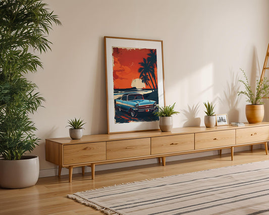 Modern Pop Art | Retro Chevy Car Print | Coastal Sunset Beach Scene Poster wall art print, modern home decor, unframed artwork by Nomad & Nest