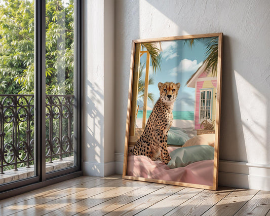 Colourful Prints | Cheetah Beach Print | Tropical Animal Coastal Wall Art wall art print, modern home decor, unframed artwork by Nomad & Nest