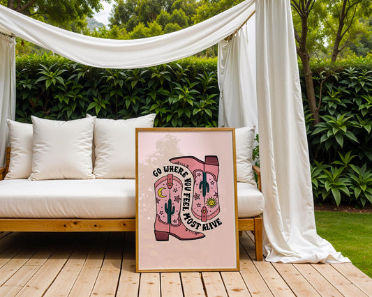 Pink Cowboy Boots Art Print | Retro Western Decor wall art print, modern home decor, unframed artwork by Nomad & Nest