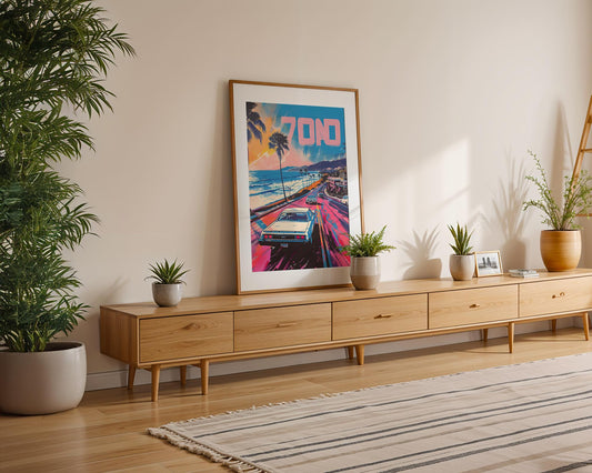 Modern Pop Art | Retro 70s California Coast Print | Vintage Muscle Car wall art print, modern home decor, unframed artwork by Nomad & Nest