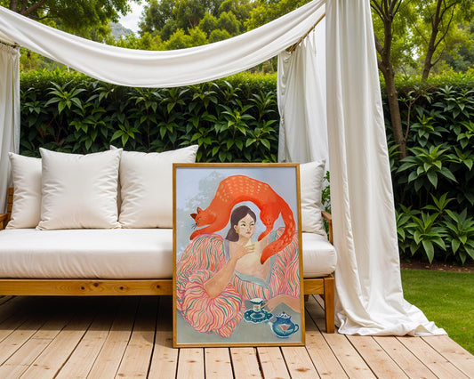 Whimsical Woman with Cat Art Print | Modern Maximalist Decor wall art print, modern home decor, unframed artwork by Nomad & Nest