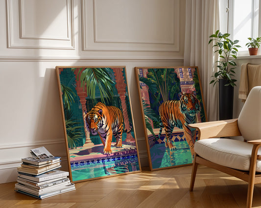 Colourful Prints | Jungle Tiger Art Prints Set | Tropical Summer Decor (Set of 2) wall art print, modern home decor, unframed artwork by Nomad & Nest