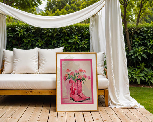 Pink Cowboy Boots Floral Print | Retro Western Wall Art wall art print, modern home decor, unframed artwork by Nomad & Nest