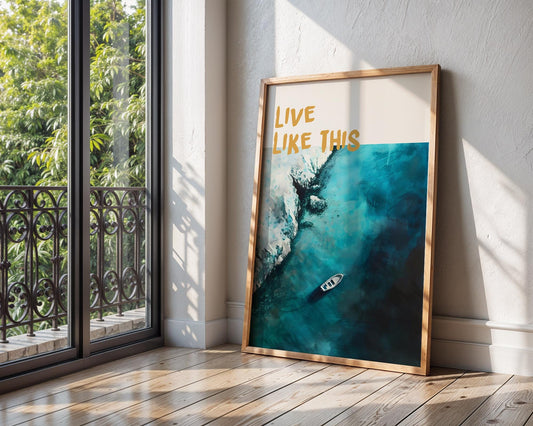 Colourful Prints | Aerial Boat Turquoise Ocean Art Print | Coastal Travel Poster wall art print, modern home decor, unframed artwork by Nomad & Nest