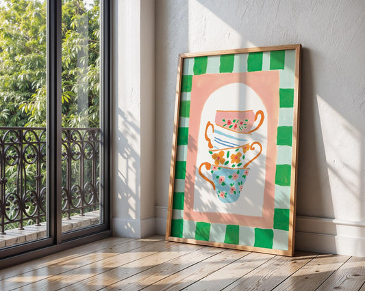 Stacked Teacups Art Print | Colorful Cottagecore Kitchen Decor wall art print, modern home decor, unframed artwork by Nomad & Nest
