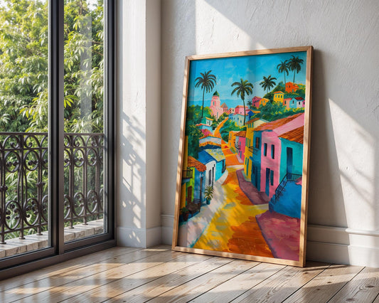 Colourful Prints | Tropical Village Art Print | Boho Coastal Home Decor wall art print, modern home decor, unframed artwork by Nomad & Nest