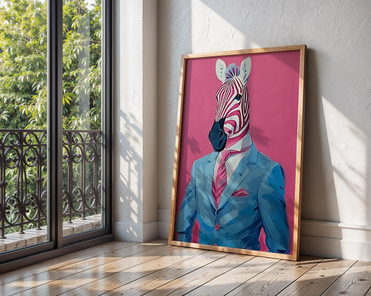 Colourful Prints | Zebra in Suit Art Print | Quirky Animal Portrait, Pink Jungle wall art print, modern home decor, unframed artwork by Nomad & Nest