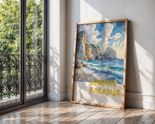 Colourful Prints | Coastal Cliffs Beach Scene Art Print | Summer Travel Poster wall art print, modern home decor, unframed artwork by Nomad & Nest