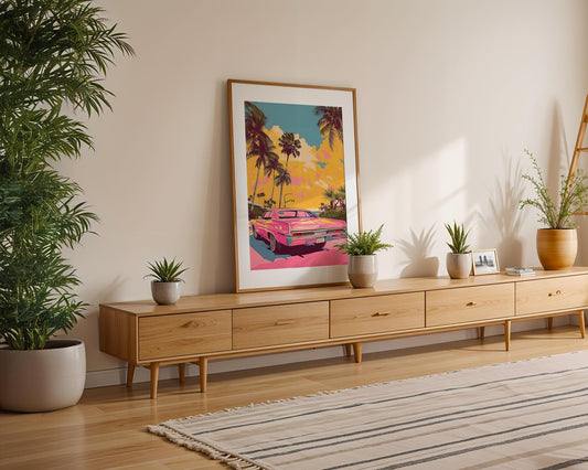 Modern Pop Art | Retro Pink Muscle Car Print | Vintage Coastal Palm Tree wall art print, modern home decor, unframed artwork by Nomad & Nest