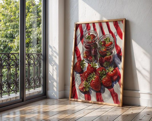 Colourful Prints | Strawberry Still Life Art Print | Summer Fruit Kitchen Decor wall art print, modern home decor, unframed artwork by Nomad & Nest