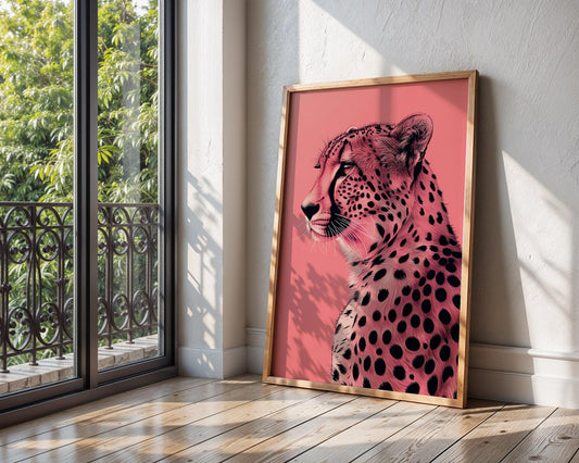 Colourful Prints | Pink Leopard Print | Graphic Jungle Cat on Coral wall art print, modern home decor, unframed artwork by Nomad & Nest