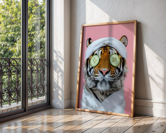 Colourful Prints | Tiger Spa Day Print | Funny Animal Wall Art wall art print, modern home decor, unframed artwork by Nomad & Nest