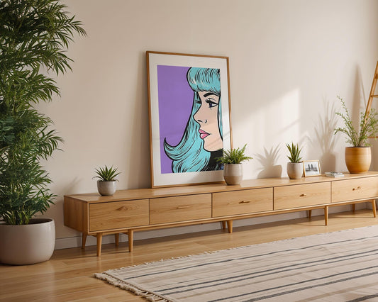 Modern Pop Art | Woman Print | Retro Graffiti Style, Blue Hair wall art print, modern home decor, unframed artwork by Nomad & Nest