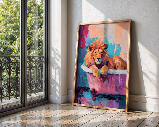 Colourful Prints | Abstract Lion Bath Print | Jungle Animal Wall Art wall art print, modern home decor, unframed artwork by Nomad & Nest