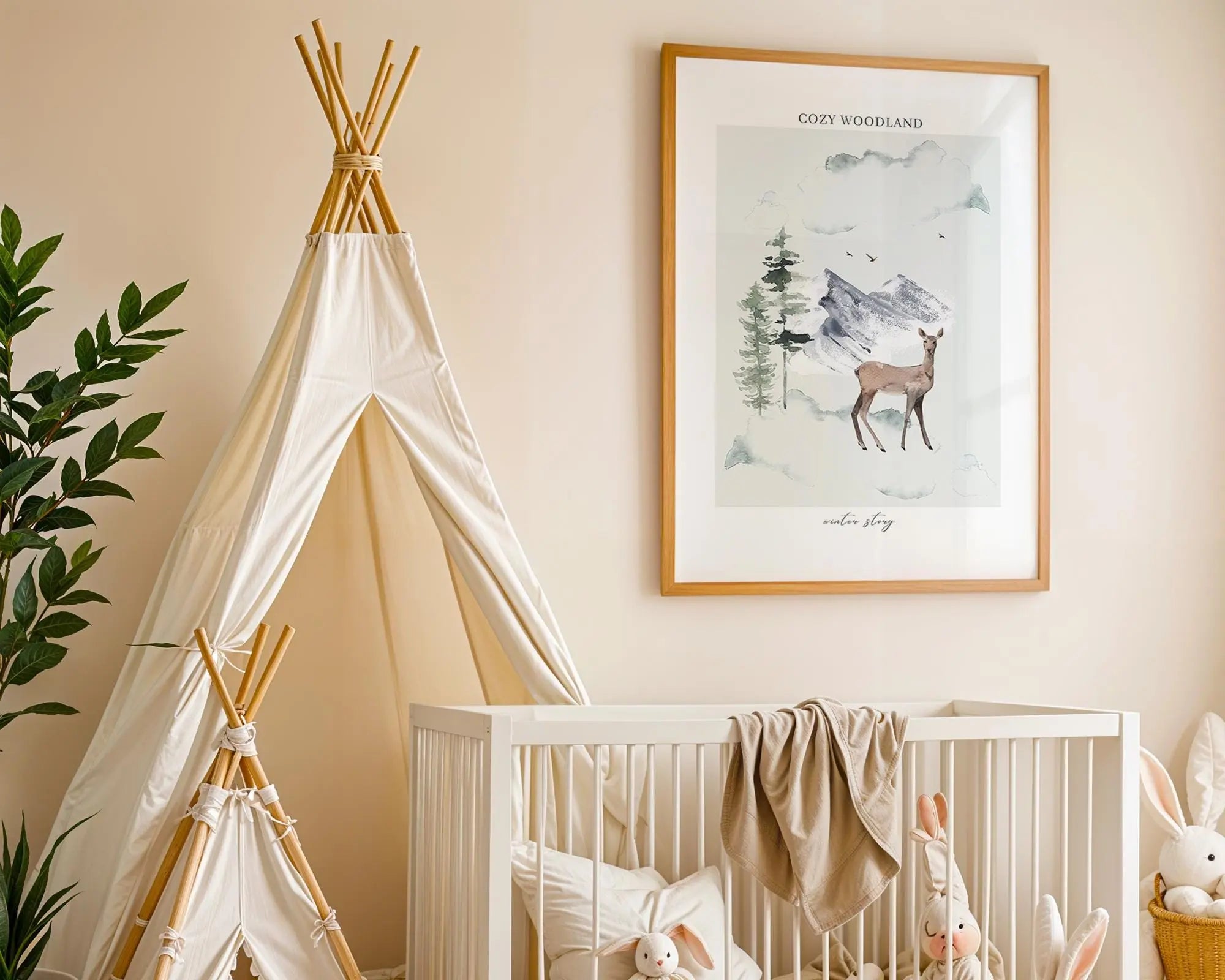 Playroom Ideas | Cozy Woodland Deer Nursery Wall Art | Winter Forest Animal Print wall art print, modern home decor, unframed artwork by Nomad & Nest