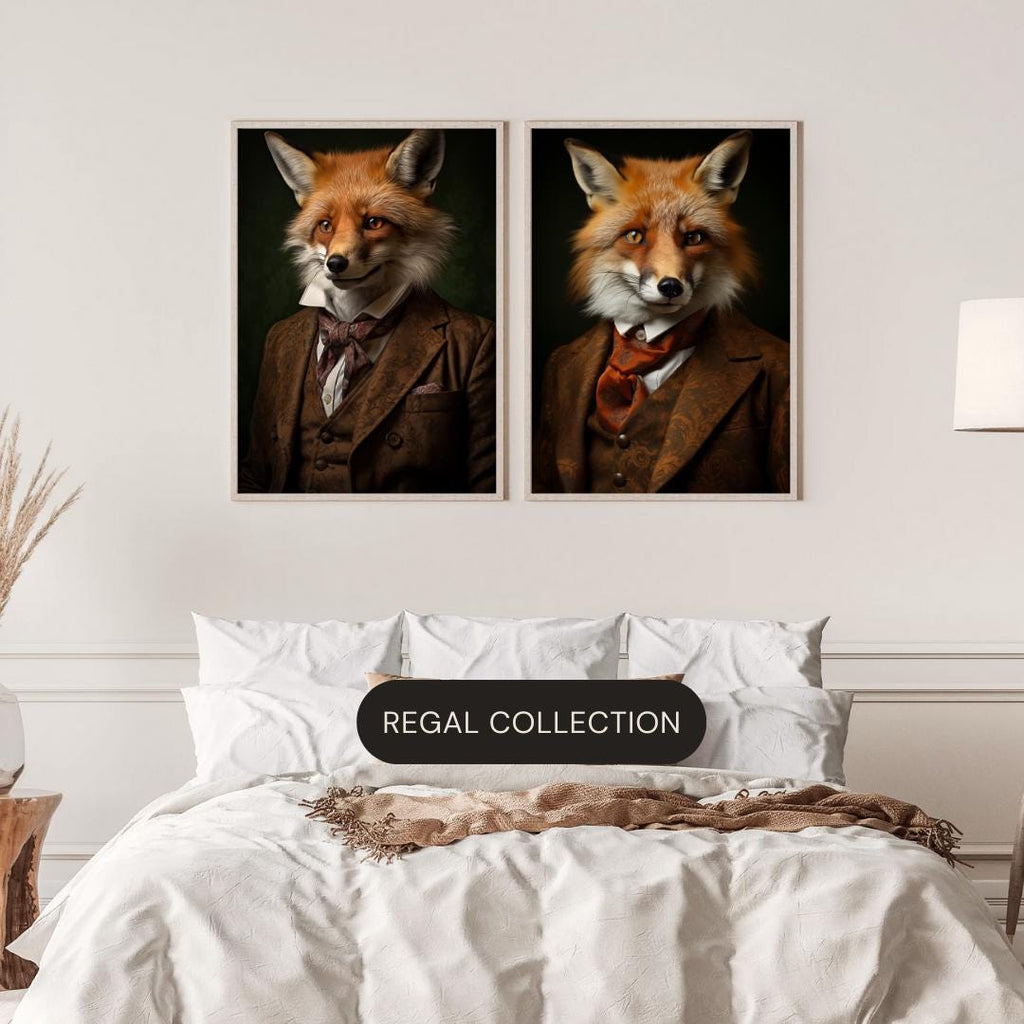 Vintage Fox Wall Art | Red Fox in Embroidered Suit and Cravat, Whimsical Animal Portrait wall art print, modern home decor, unframed artwork by Nomad & Nest