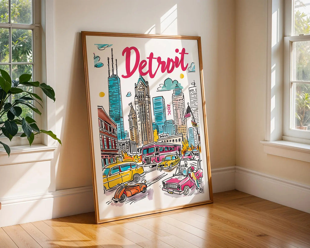 Colorful Detroit Cityscape Art Print | Michigan Travel Poster wall art print, modern home decor, unframed artwork by Nomad & Nest