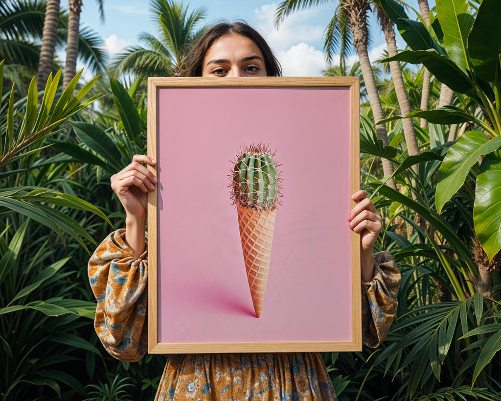 Colourful Prints | Cactus Ice Cream Cone Print | Pink Summer Botanical Art wall art print, modern home decor, unframed artwork by Nomad & Nest