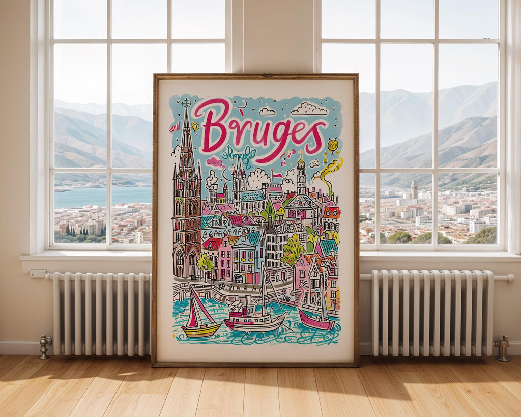 Bruges Belgium Art Print | Colorful Canal City Illustration wall art print, modern home decor, unframed artwork by Nomad & Nest
