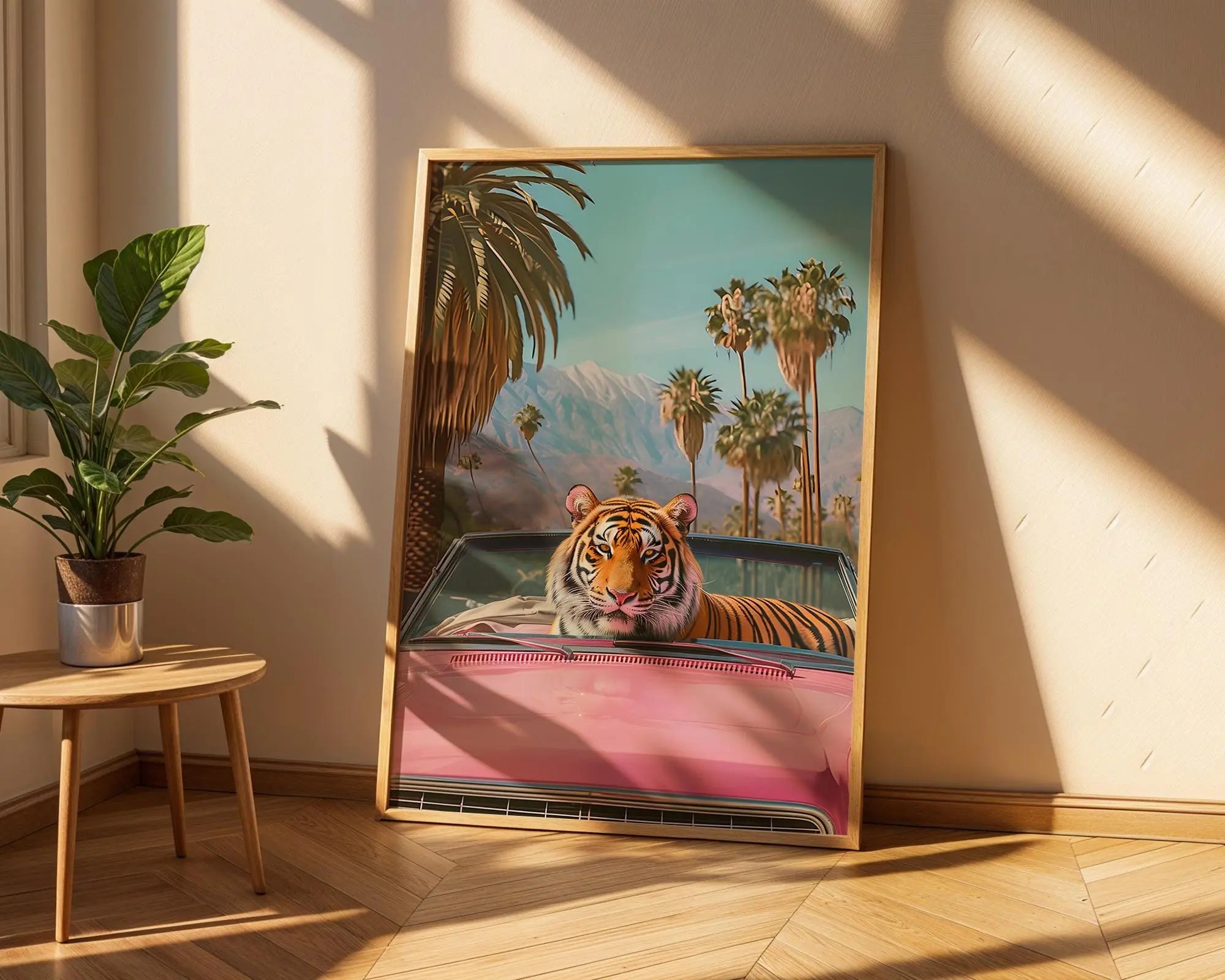 Colourful Prints | Retro Tiger Print | Pink Convertible, Palm Trees, Tropical Wall Art wall art print, modern home decor, unframed artwork by Nomad & Nest