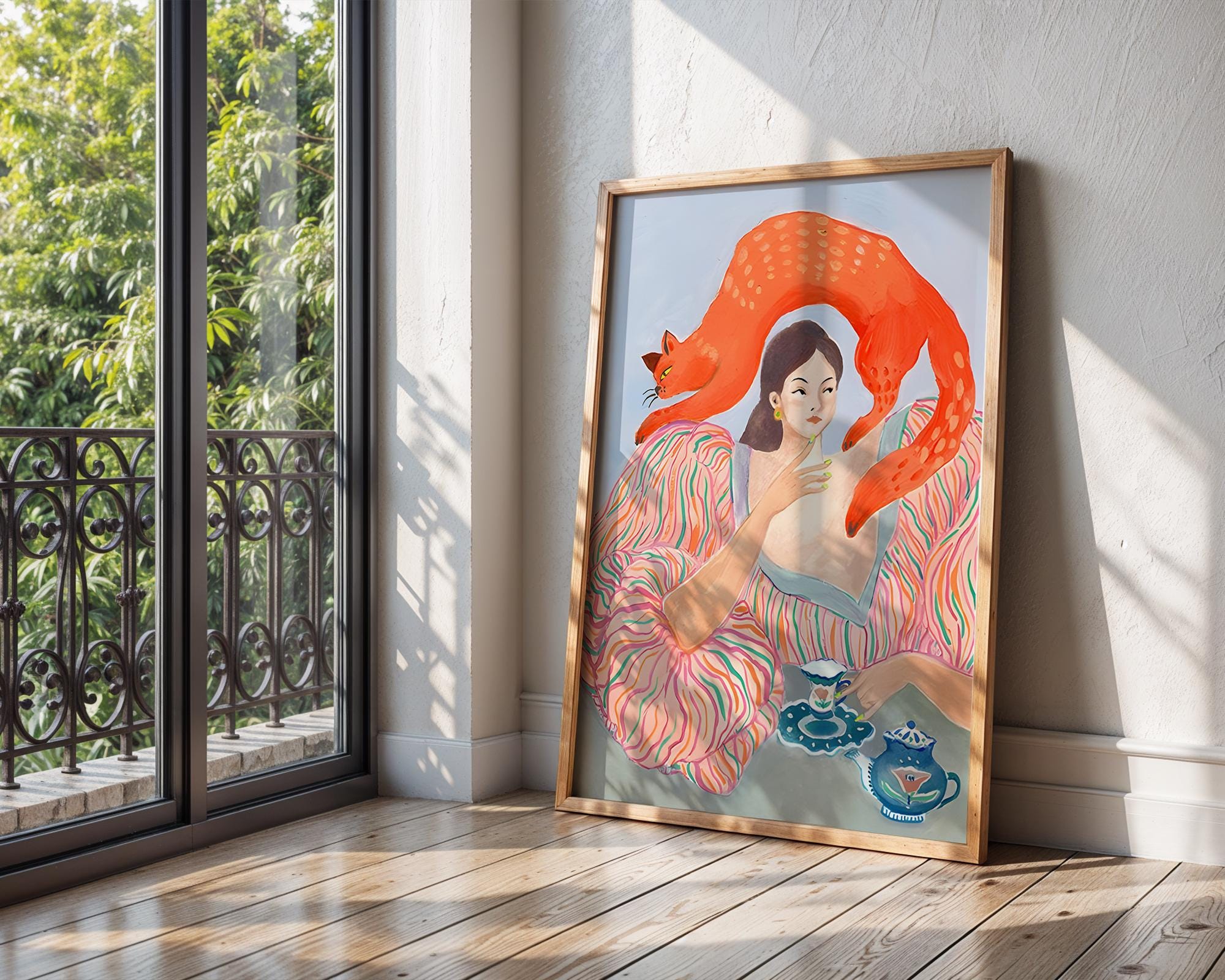 Whimsical Woman with Cat Art Print | Modern Maximalist Decor wall art print, modern home decor, unframed artwork by Nomad & Nest