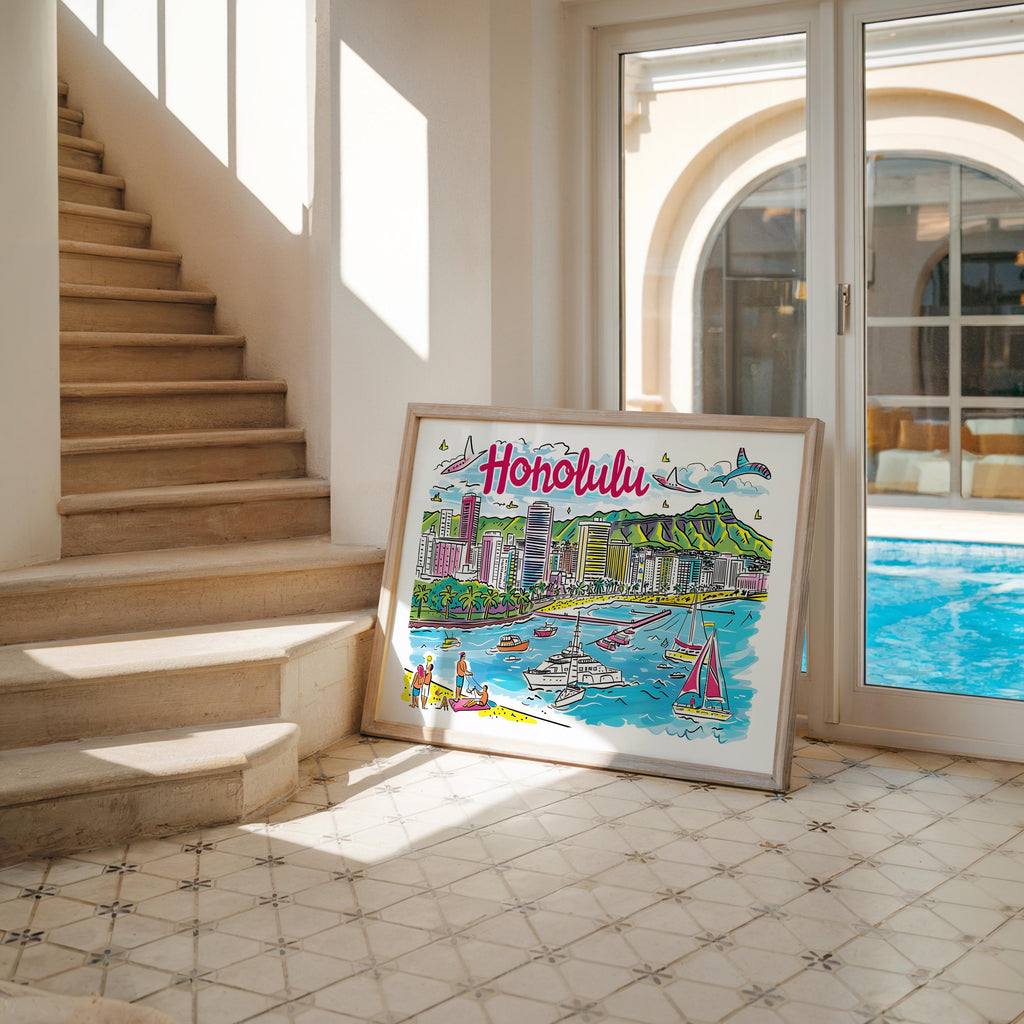 Honolulu Hawaii Art Print | Waikiki Beach Travel Poster wall art print, modern home decor, unframed artwork by Nomad & Nest