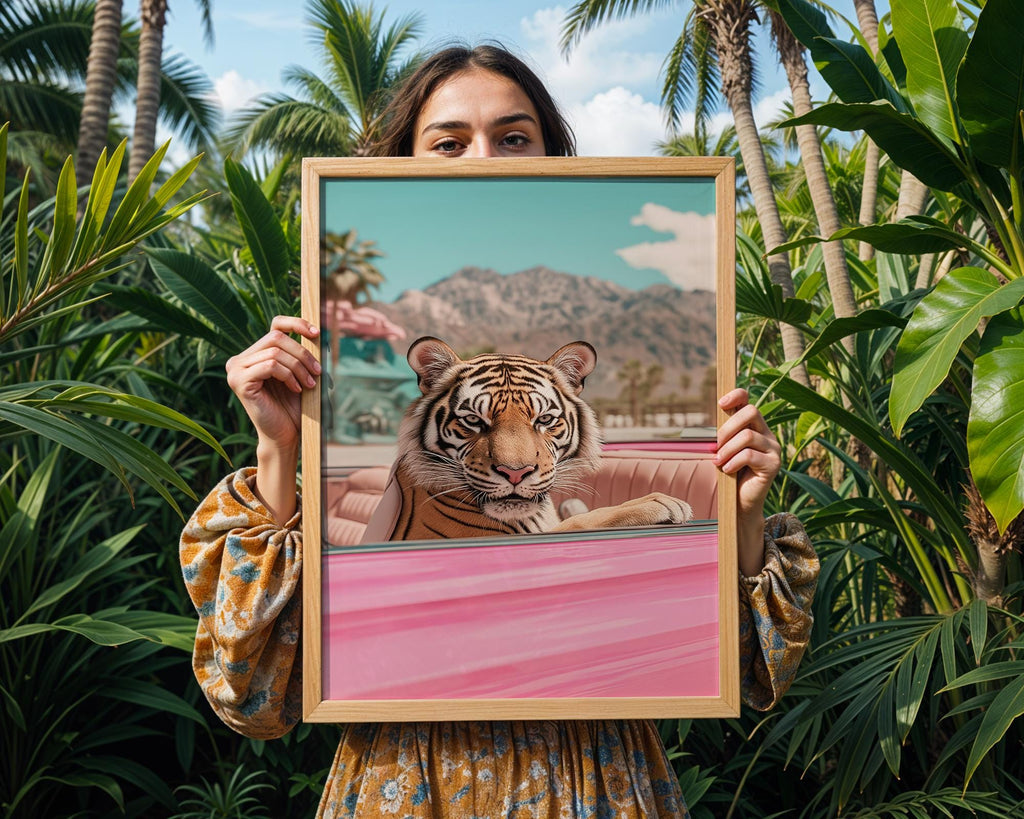 Tiger in Pink Convertible Print | Retro Palm Springs Wall Art wall art print, modern home decor, unframed artwork by Nomad & Nest