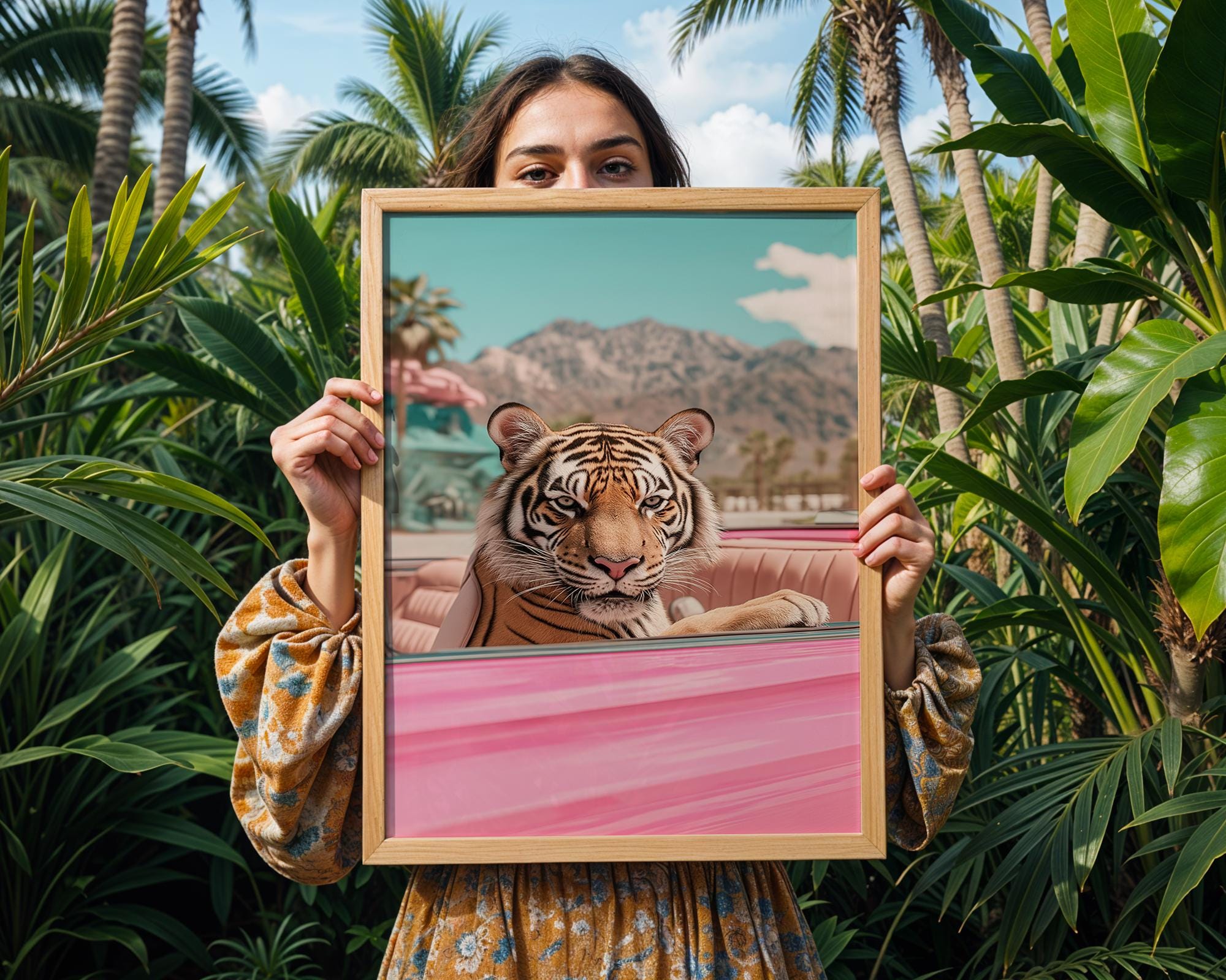 Tiger in Pink Convertible Print | Retro Palm Springs Wall Art wall art print, modern home decor, unframed artwork by Nomad & Nest