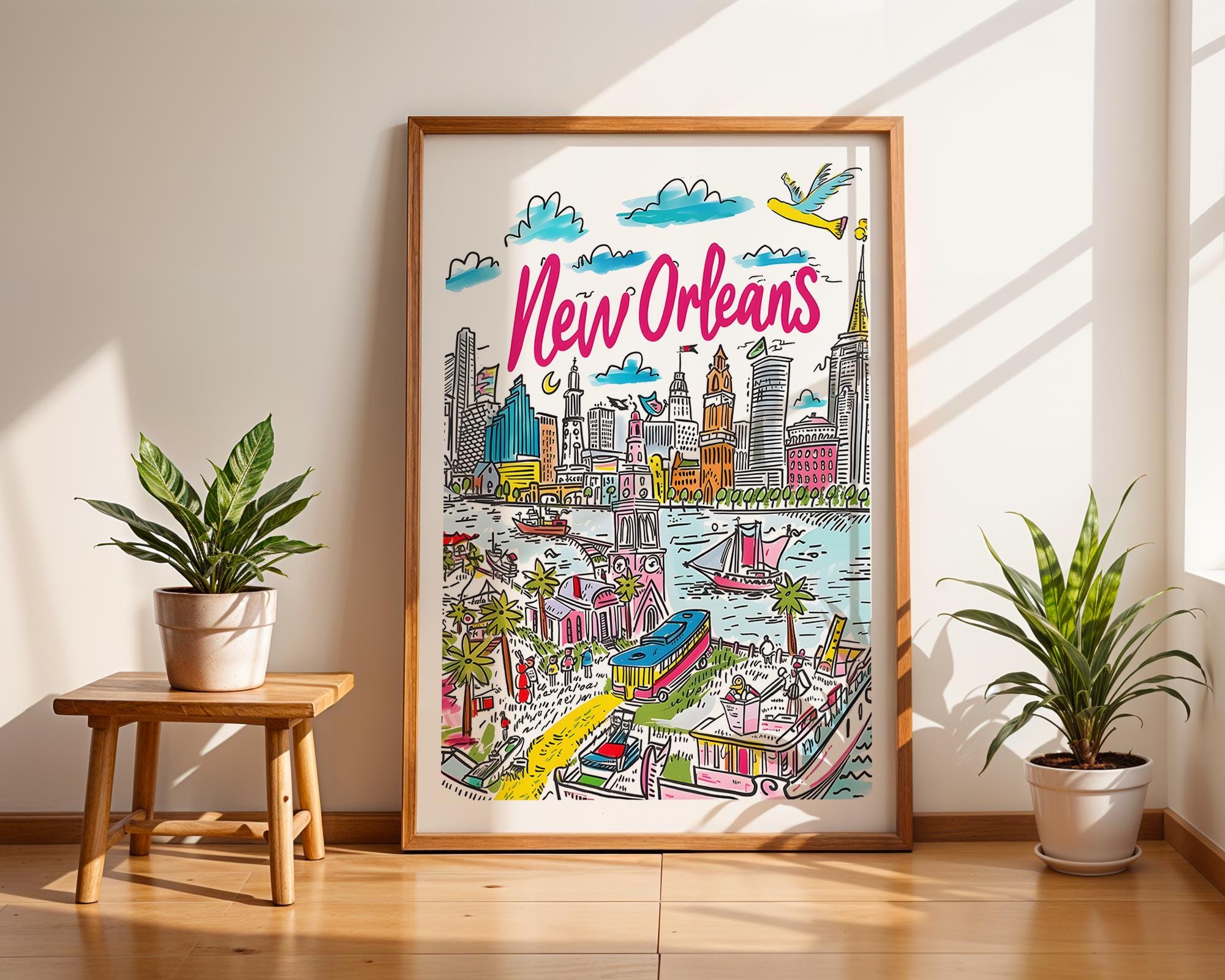 New Orleans Cityscape Art Print | Colorful Travel Poster wall art print, modern home decor, unframed artwork by Nomad & Nest